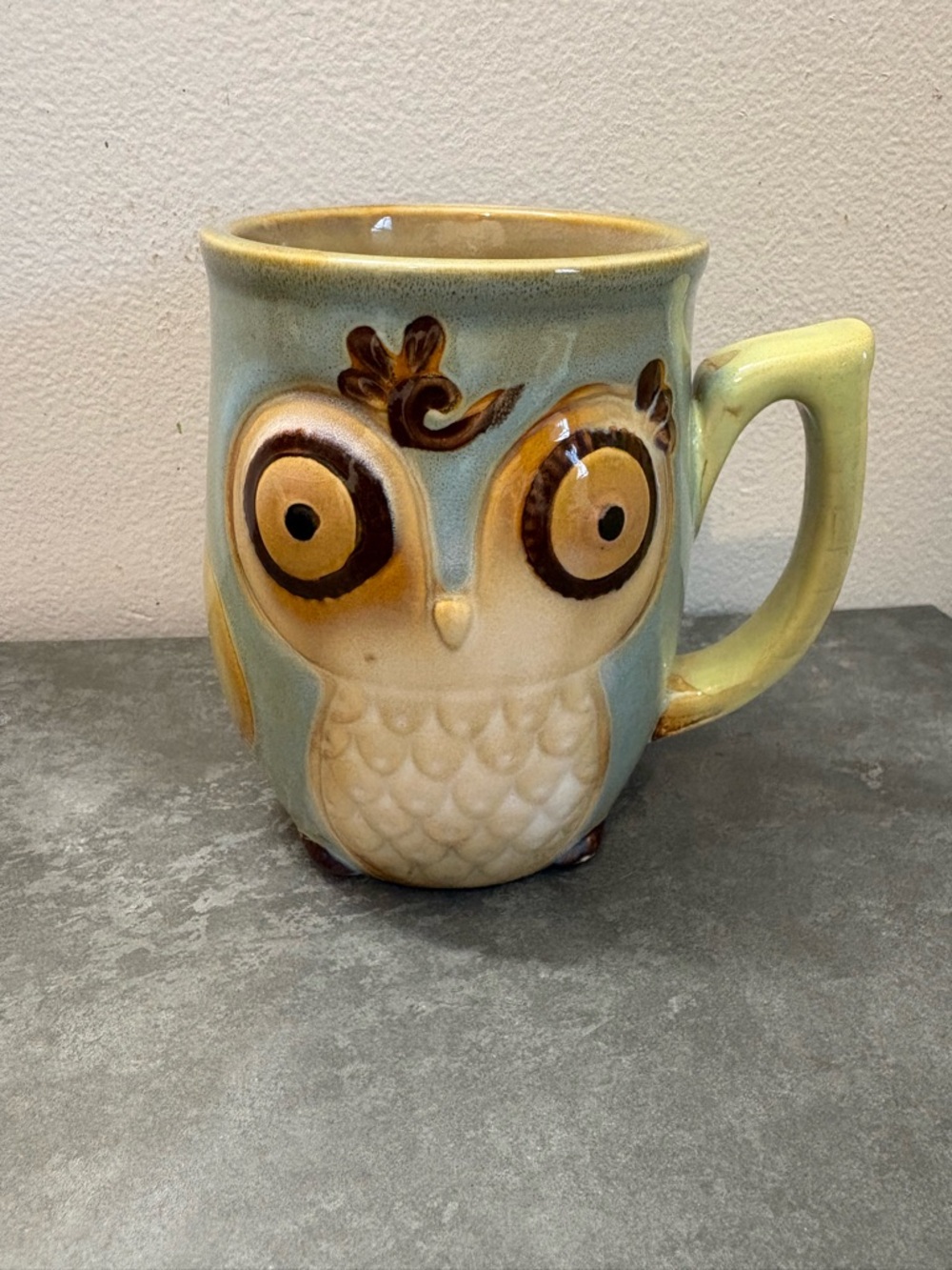 Ceramic Owl Mug in Light Blue and Cream